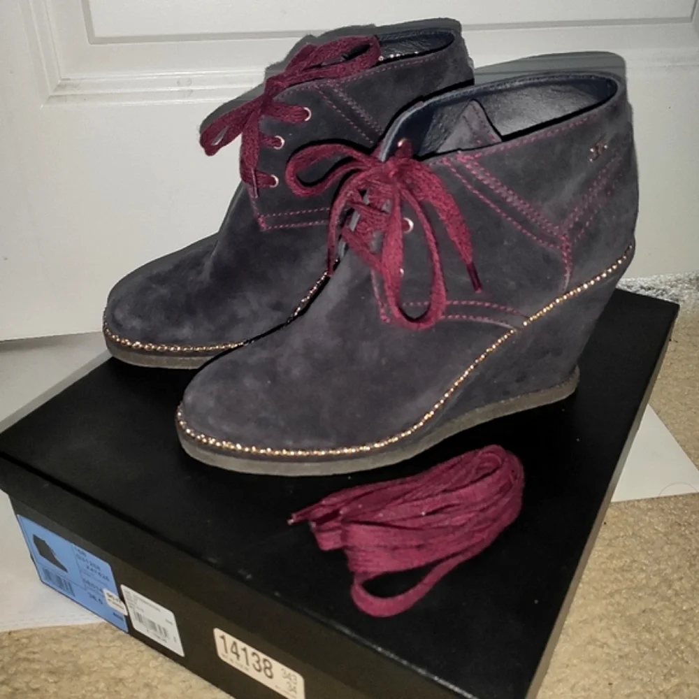 CHANEL Blueberry Blue Suede Wedge Boots 38.5